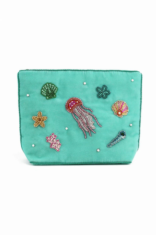 picture of My Doris Medium Velvet Beaded Pouch - Aqua New Sea Scene - Number Two - womens - fashion - accessories - My Doris 1