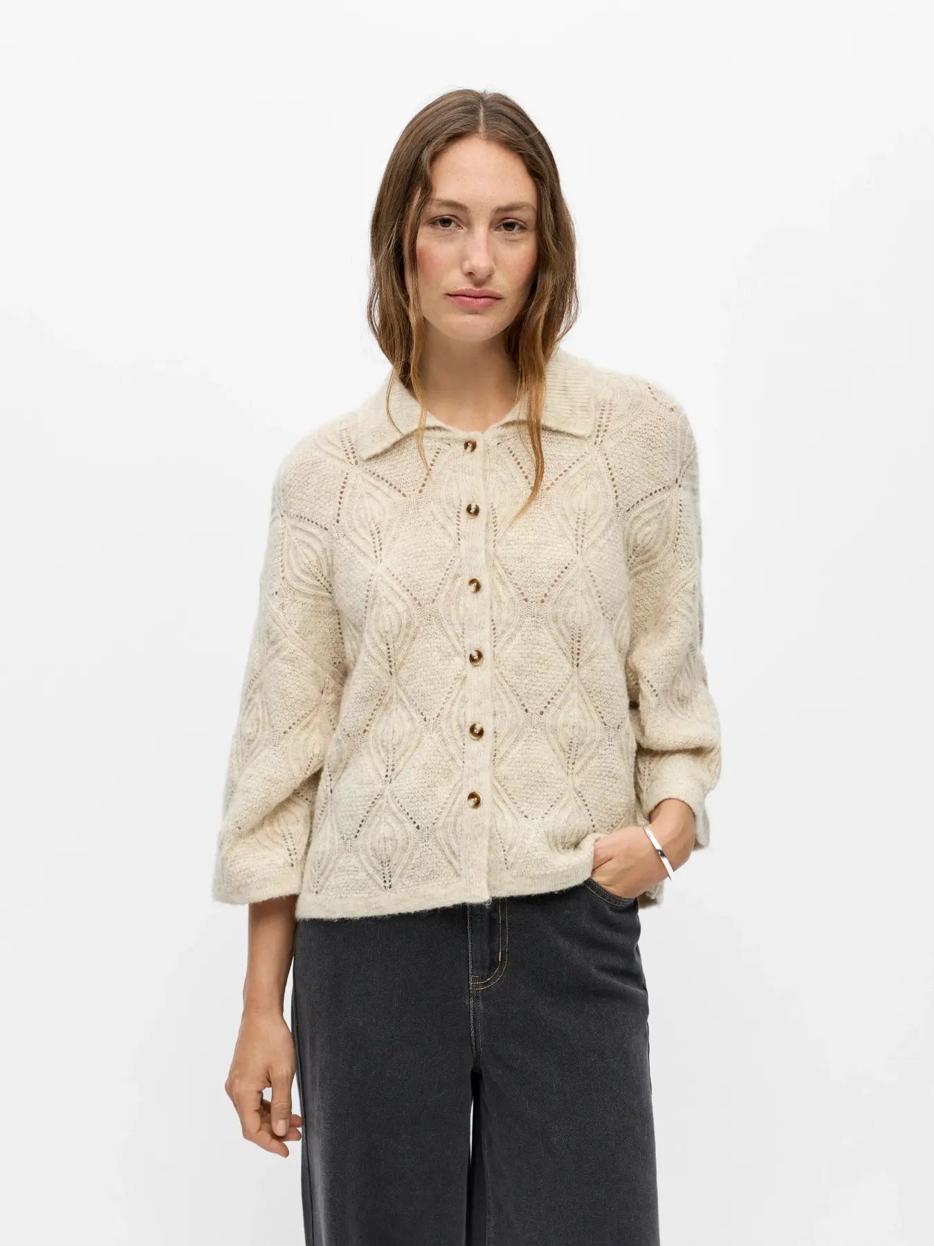 Object Kaisa 3/4 Sleeve Knit Cardigan - Birch Melange