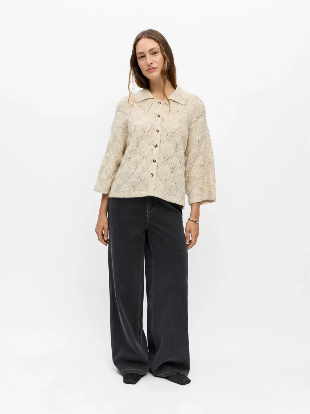 Object Kaisa 3/4 Sleeve Knit Cardigan - Birch Melange