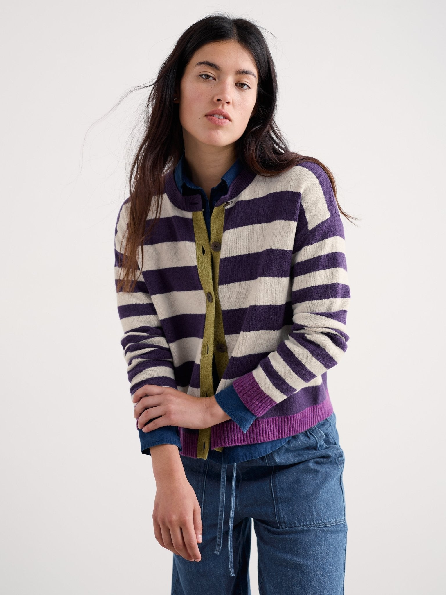 picture of Seasalt Pinwell Striped Cardigan - Bright Shape Dark Violet Mix - Number Two - womens -clothing - Seasalt 1