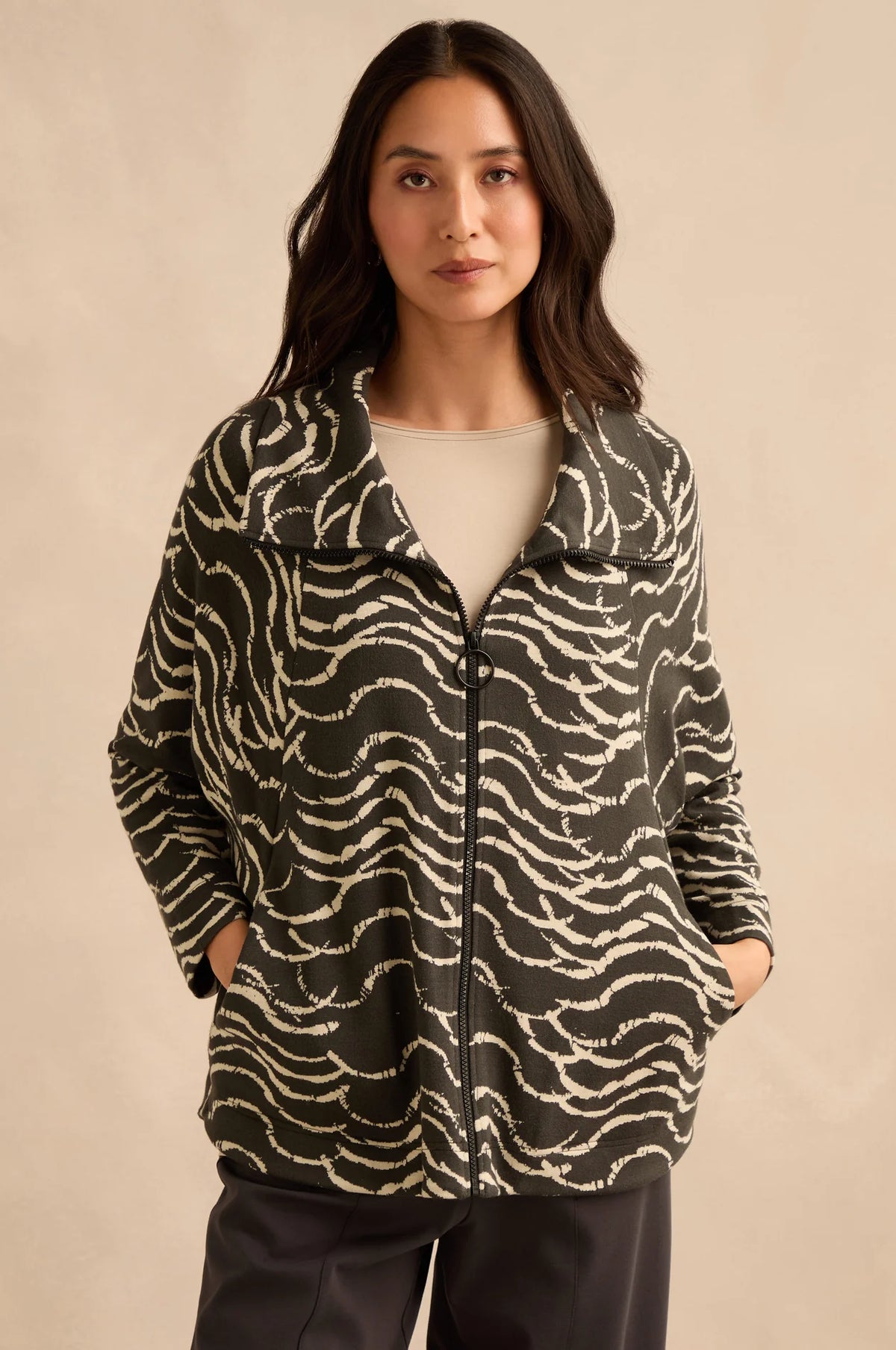 Sahara  Etched Wave Zip Boxy Jacket - Slate/Ecru