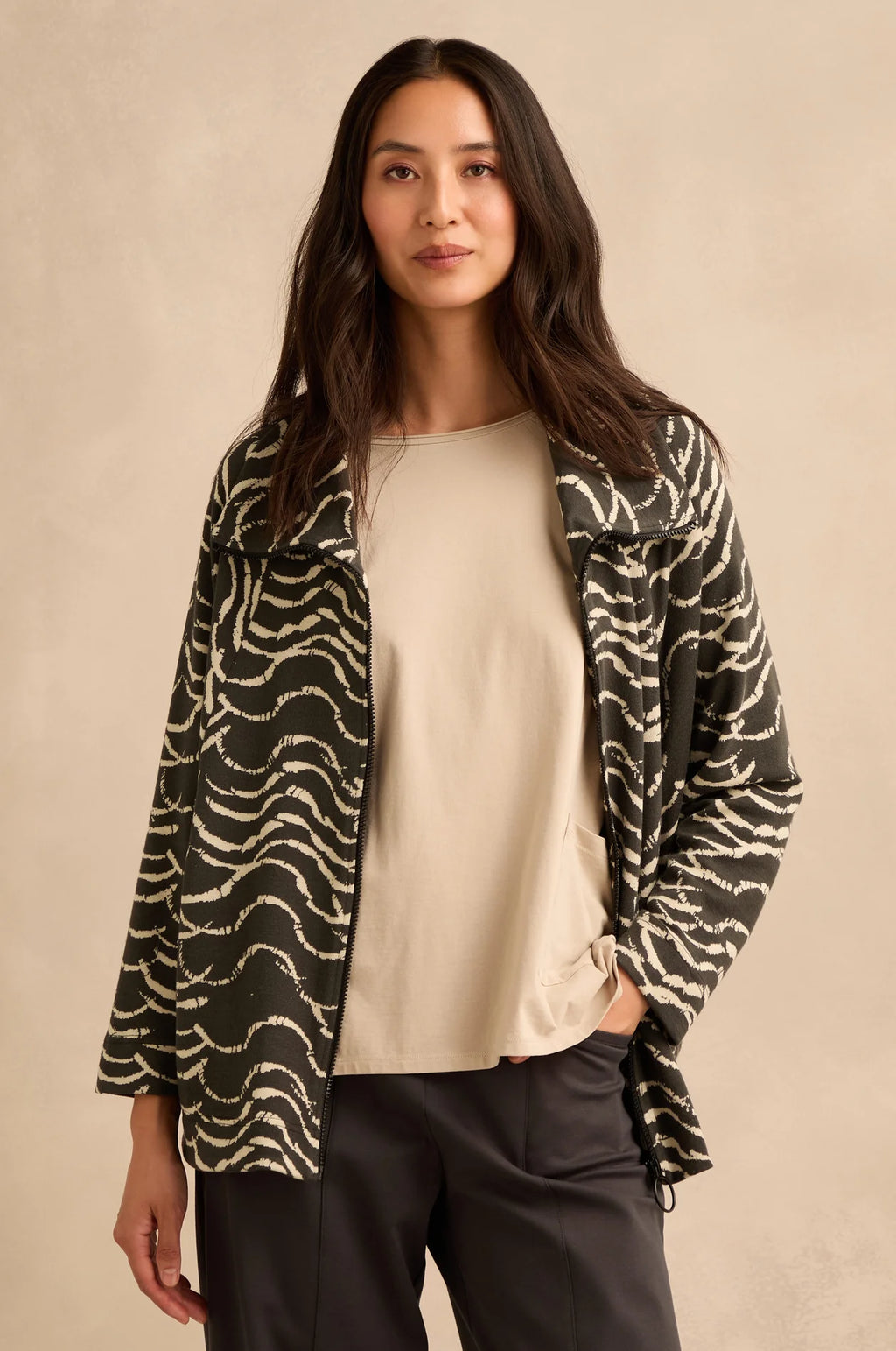 Sahara  Etched Wave Zip Boxy Jacket - Slate/Ecru