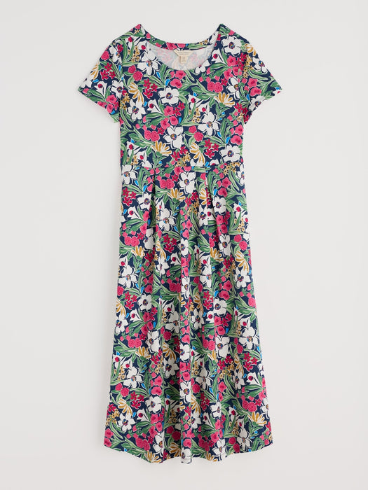 Seasalt Veronica Short Sleeve Midi Dress Organic Cotton Garden Flowers Night