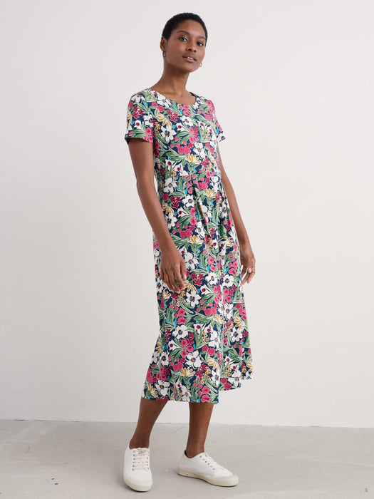 Seasalt Veronica Short Sleeve Midi Dress Organic Cotton Garden Flowers Night