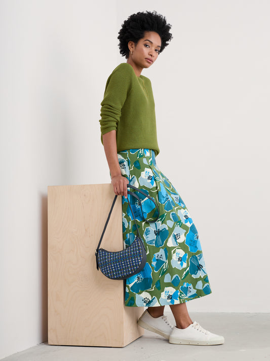 Seasalt Swallow Hill Printed A-Line Skirt Paper Hellebores Forest Green