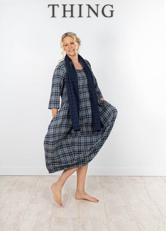 picture of Thing 7195 Structured Check Linen Dress - Navy - Number Two - womens - fashion - clothing - Thing 1
