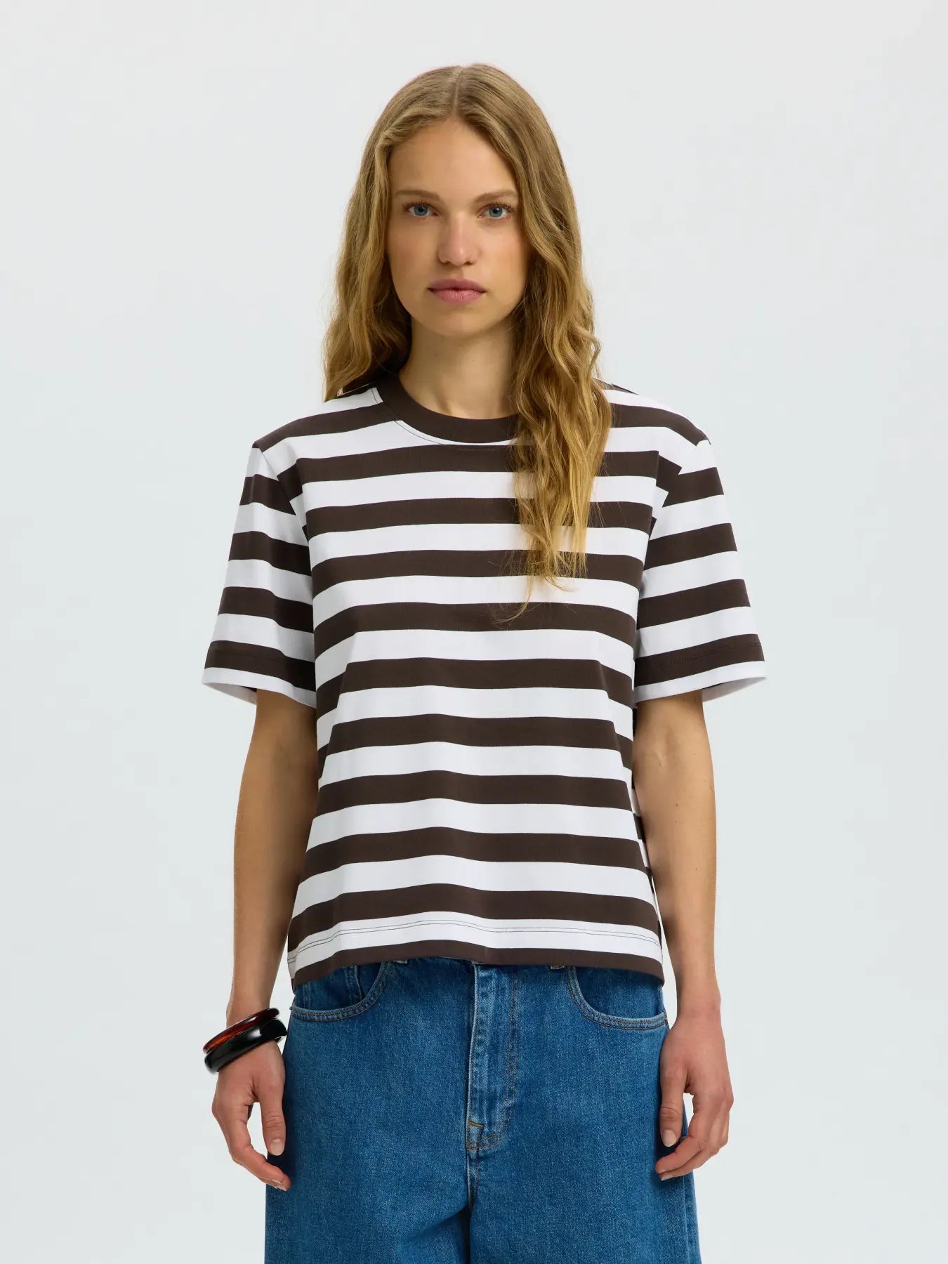 Selected Femme Essential SS Stripes Boxy Tee - Delicioso Bright White