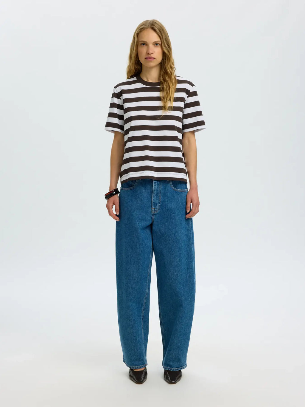 Selected Femme Essential SS Stripes Boxy Tee - Delicioso Bright White