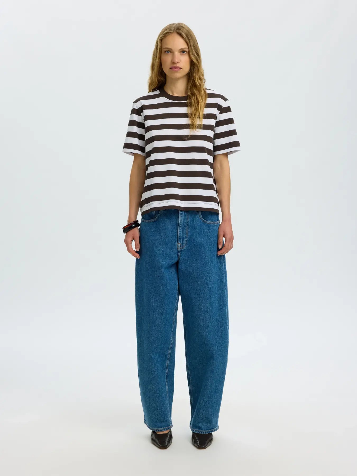Selected Femme Essential SS Stripes Boxy Tee - Delicioso Bright White