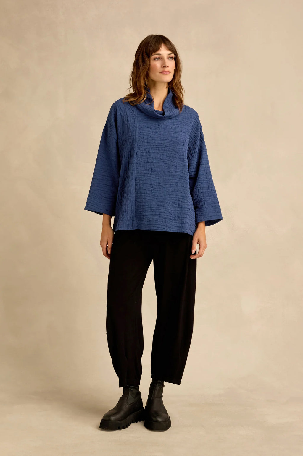 Sahara Wave Textured Crinkle Cowl Neck Top - Cobalt