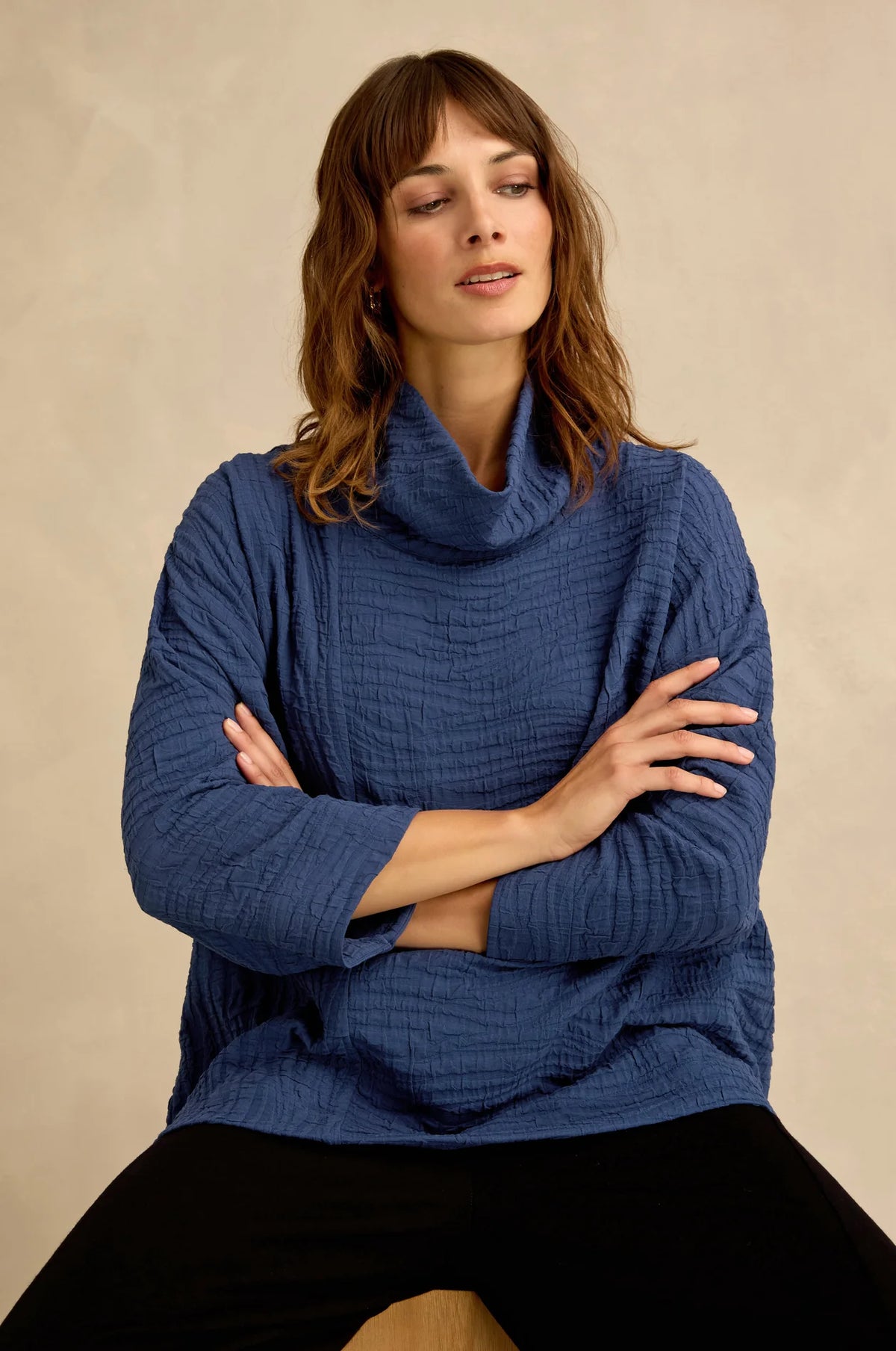 Sahara Wave Textured Crinkle Cowl Neck Top - Cobalt