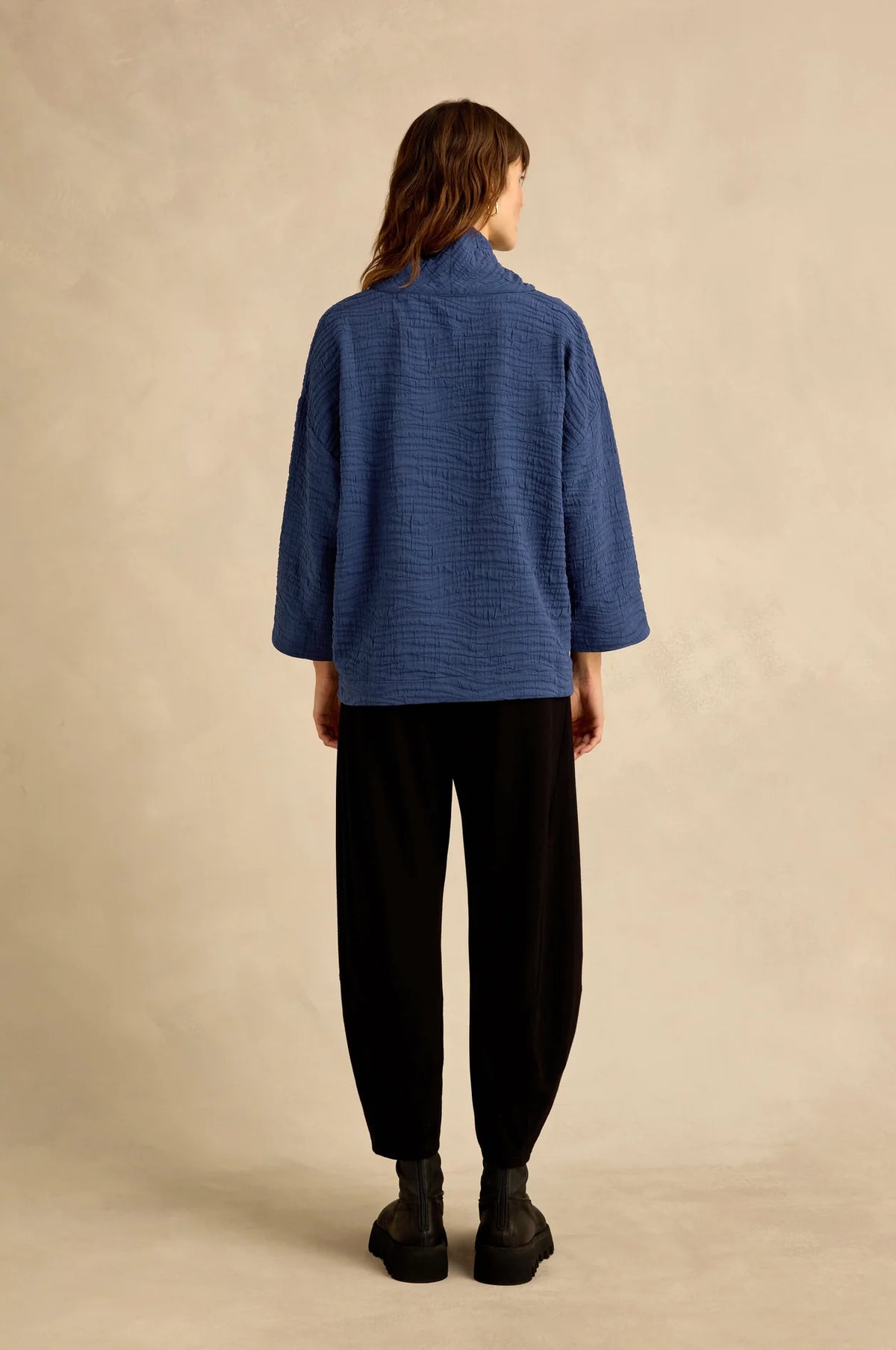 Sahara Wave Textured Crinkle Cowl Neck Top - Cobalt