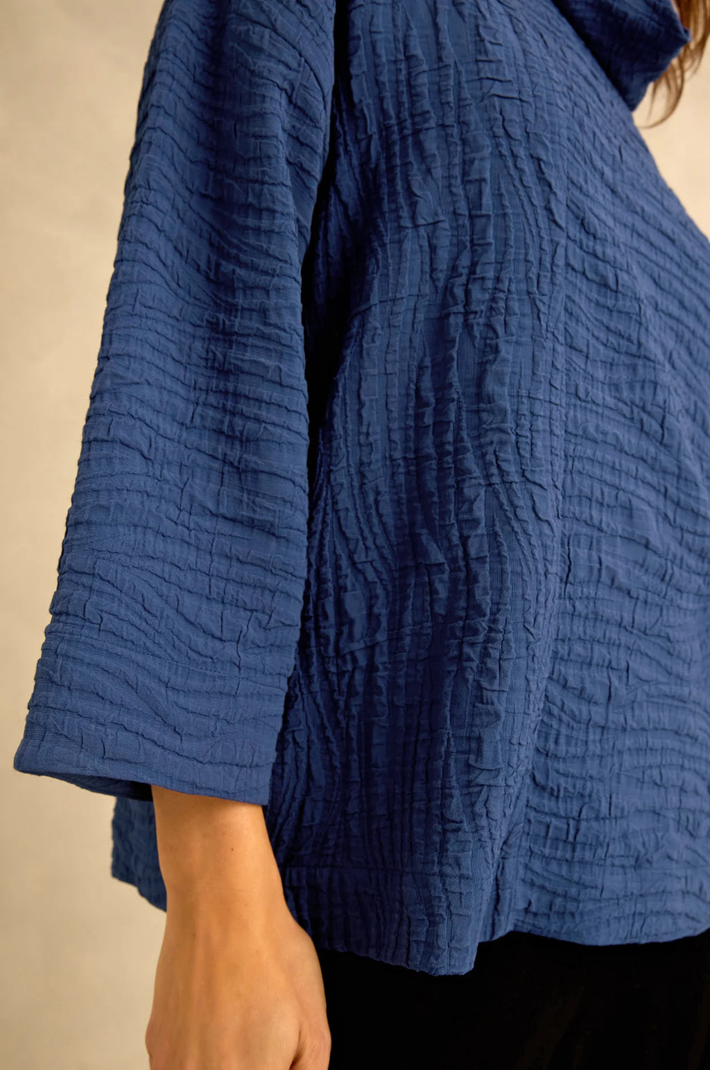 Sahara Wave Textured Crinkle Cowl Neck Top - Cobalt