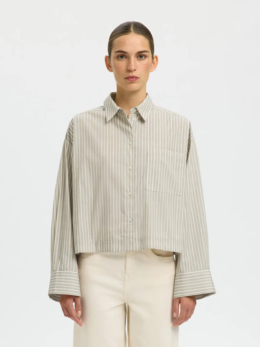 picture of Selected Astha Boxy Shirt - Cashmere/Bright White Stripe - Number Two - womens- clothing - Selected Femme 1