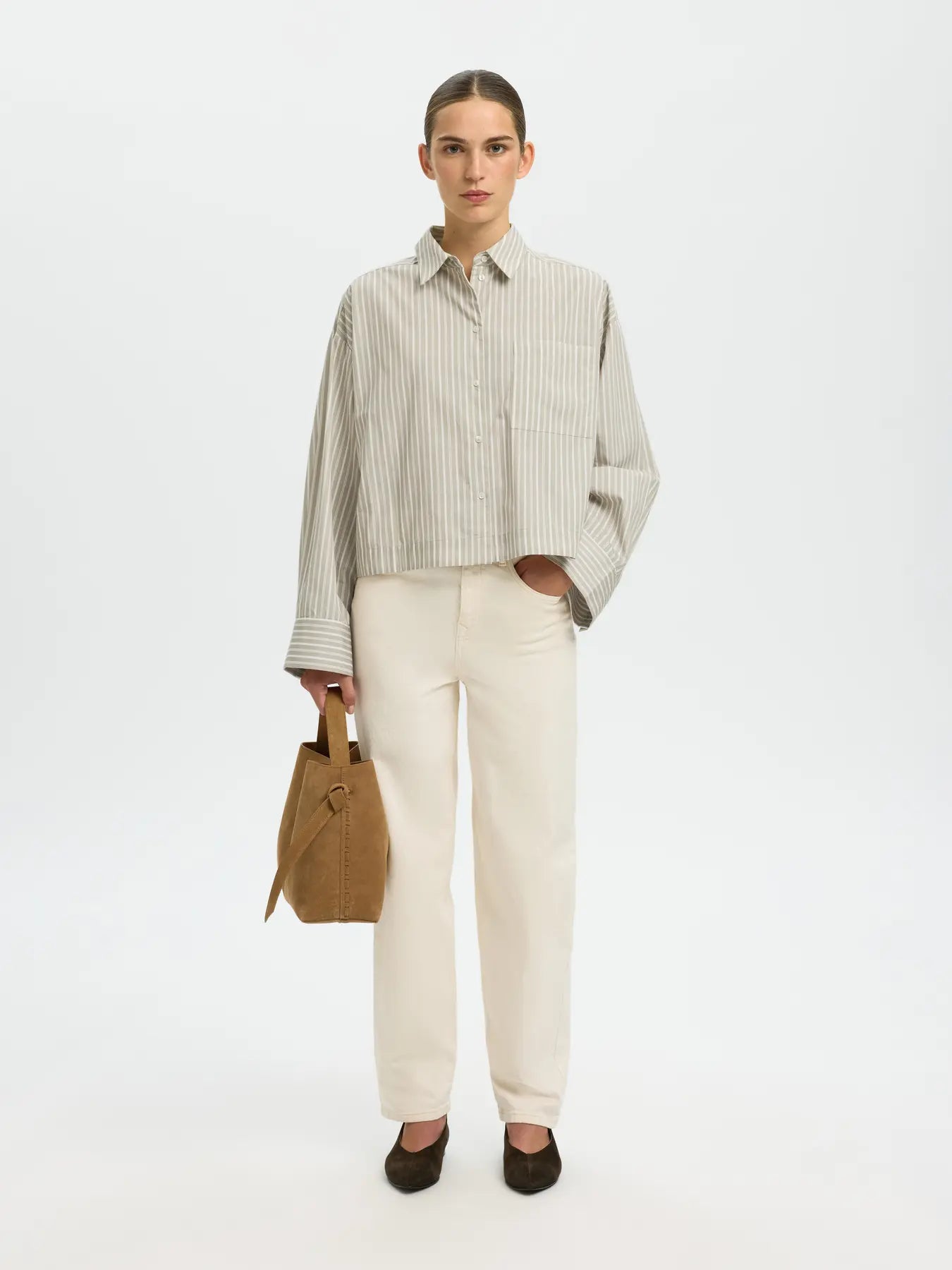 picture of Selected Astha Boxy Shirt - Cashmere/Bright White Stripe - Number Two - womens- clothing - Selected Femme 2