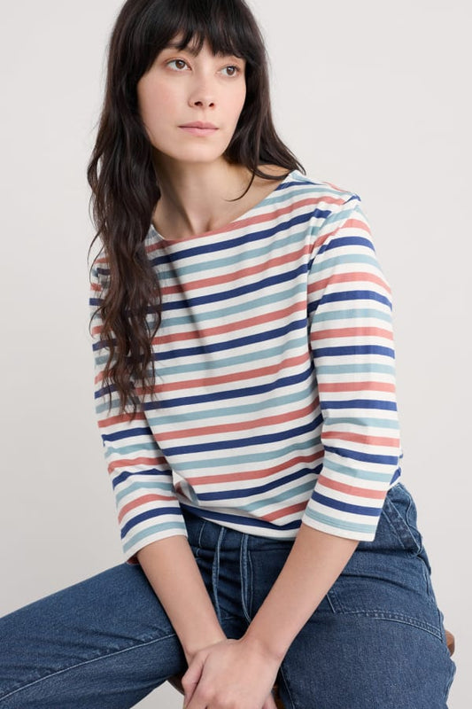 Seasalt Sailor 3/4 Sleeve Top Organic Cotton Jersey Stripe Tri Mini Cornish Chalk Rose Dew