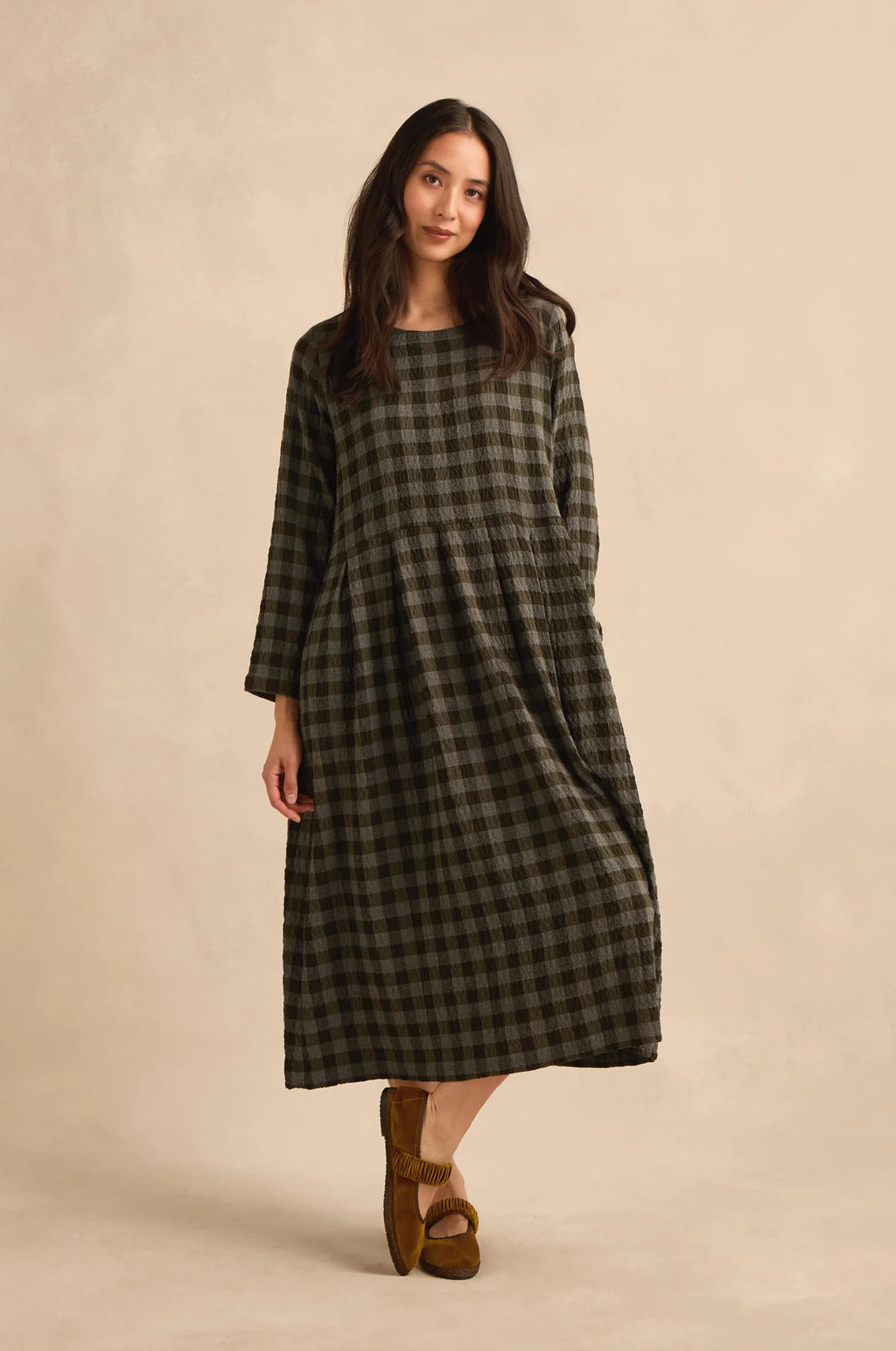 picture of Sahara Crinkle Check Flared Dress - Khaki/Grey - Number Two - womens - fashion - clothing - Sahara 1
