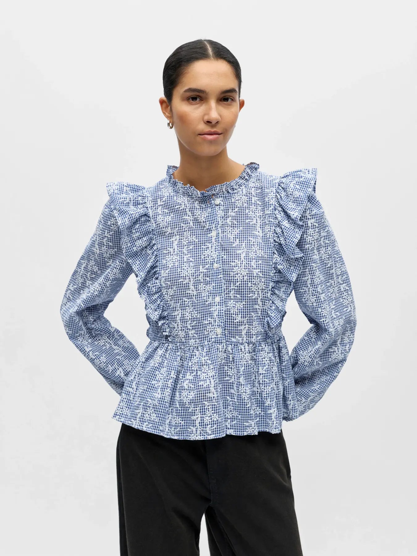 picture of Object Clara Frill Top - Dark Denim/White - Number Two - womens - fashion - clothing - Object 1