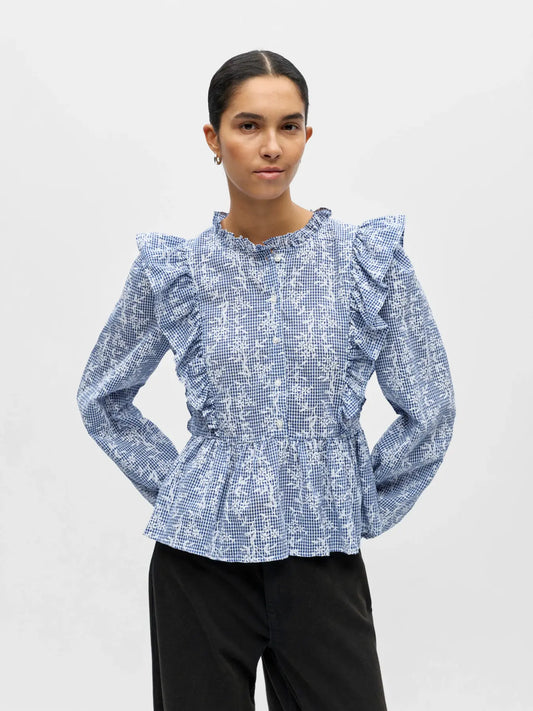 picture of Object Clara Frill Top - Dark Denim/White - Number Two - womens - fashion - clothing - Object 1