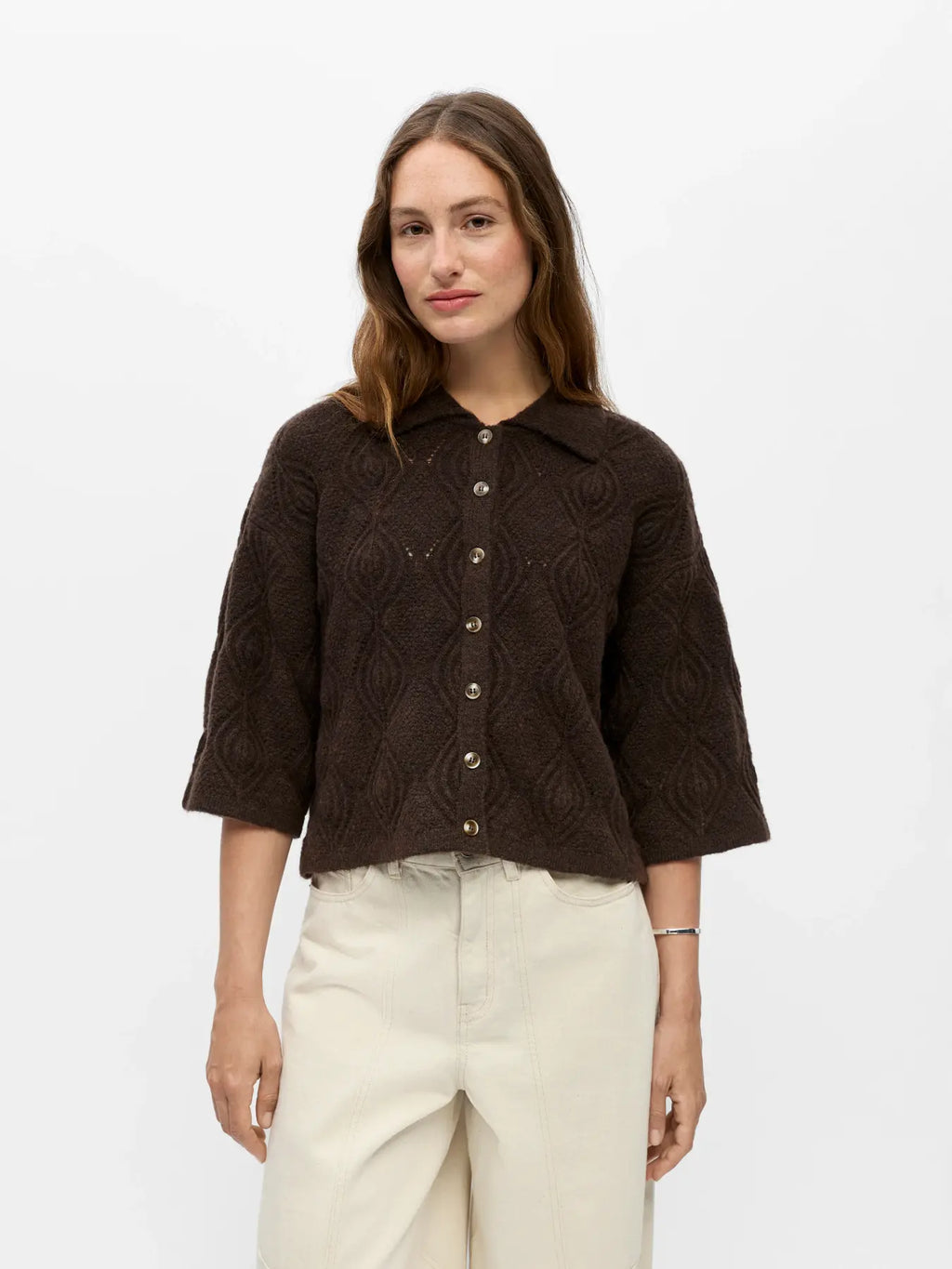 Object Kaisa 3/4 Sleeve Knit Cardigan - Seal Brown Melange
