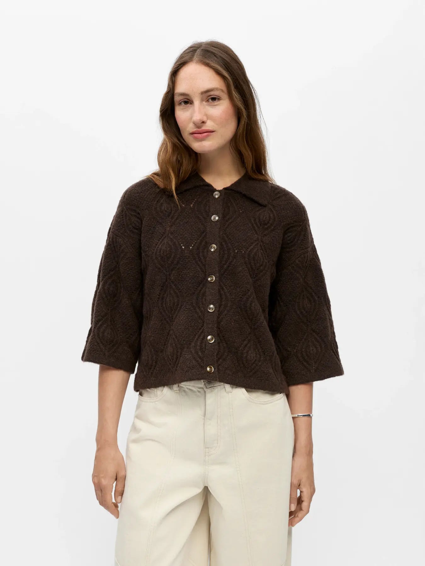 Object Kaisa 3/4 Sleeve Knit Cardigan - Seal Brown Melange