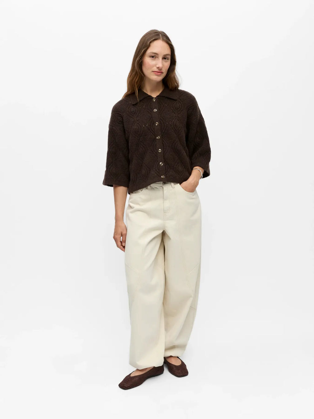 Object Kaisa 3/4 Sleeve Knit Cardigan - Seal Brown Melange