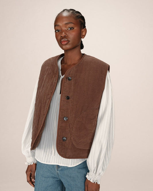 picture of Grace & Mila Seth Cord/Teddy Reversible Gilet - Chocolate - Number Two - womens - fashion - ethical -