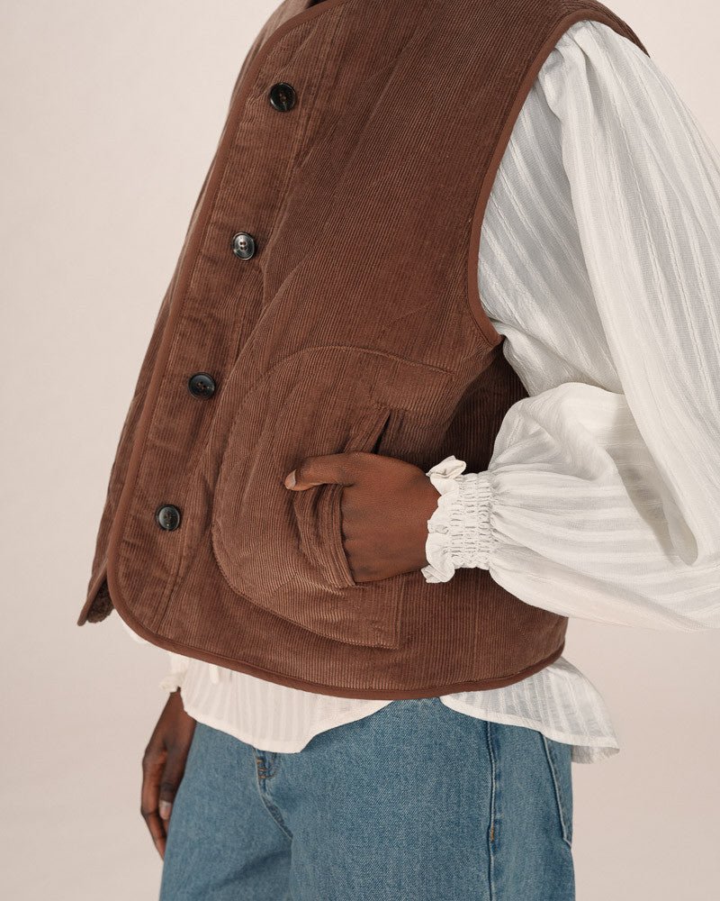 picture of Grace & Mila Seth Cord/Teddy Reversible Gilet - Chocolate - Number Two - womens - fashion - ethical 3