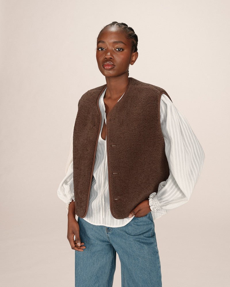 picture of Grace & Mila Seth Cord/Teddy Reversible Gilet - Chocolate - Number Two - womens - fashion - ethical 2