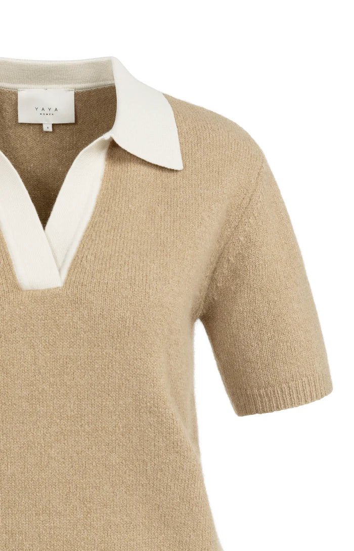 picture of Yaya Knitted Short Sleeve Sweater Contrast Collar -Khaki Green - Number Two - womens - fashion - clothing - Yaya 5