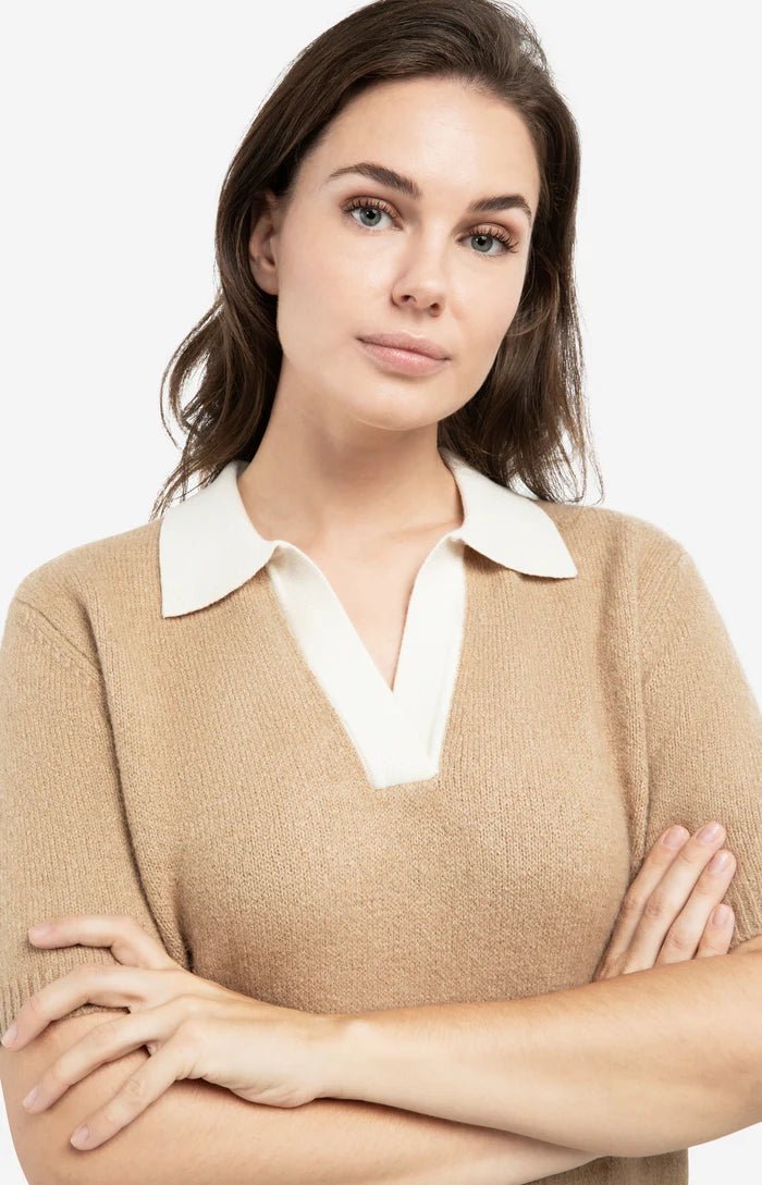 picture of Yaya Knitted Short Sleeve Sweater Contrast Collar -Khaki Green - Number Two - womens - fashion - clothing - Yaya 2