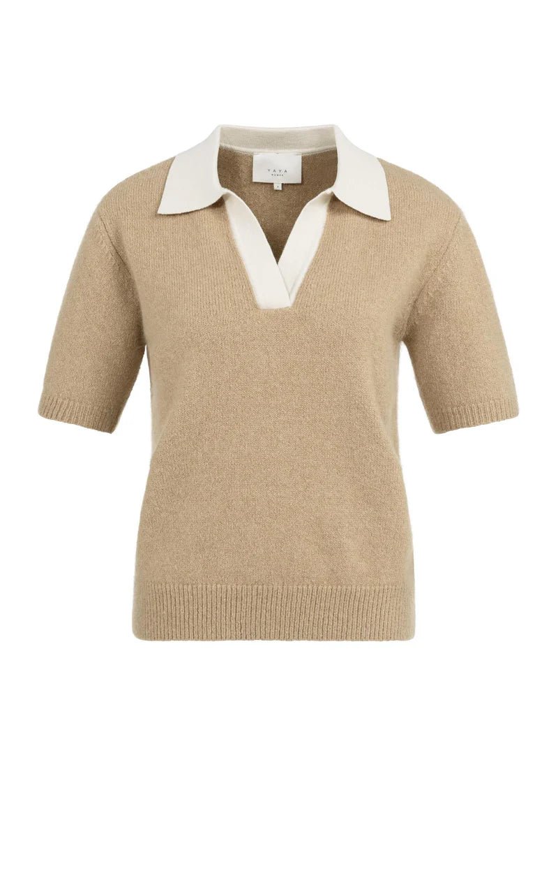 picture of Yaya Knitted Short Sleeve Sweater Contrast Collar -Khaki Green - Number Two - womens - fashion - clothing - Yaya 4