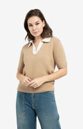 picture of Yaya Knitted Short Sleeve Sweater Contrast Collar -Khaki Green - Number Two - womens - fashion - clothing - Yaya 1