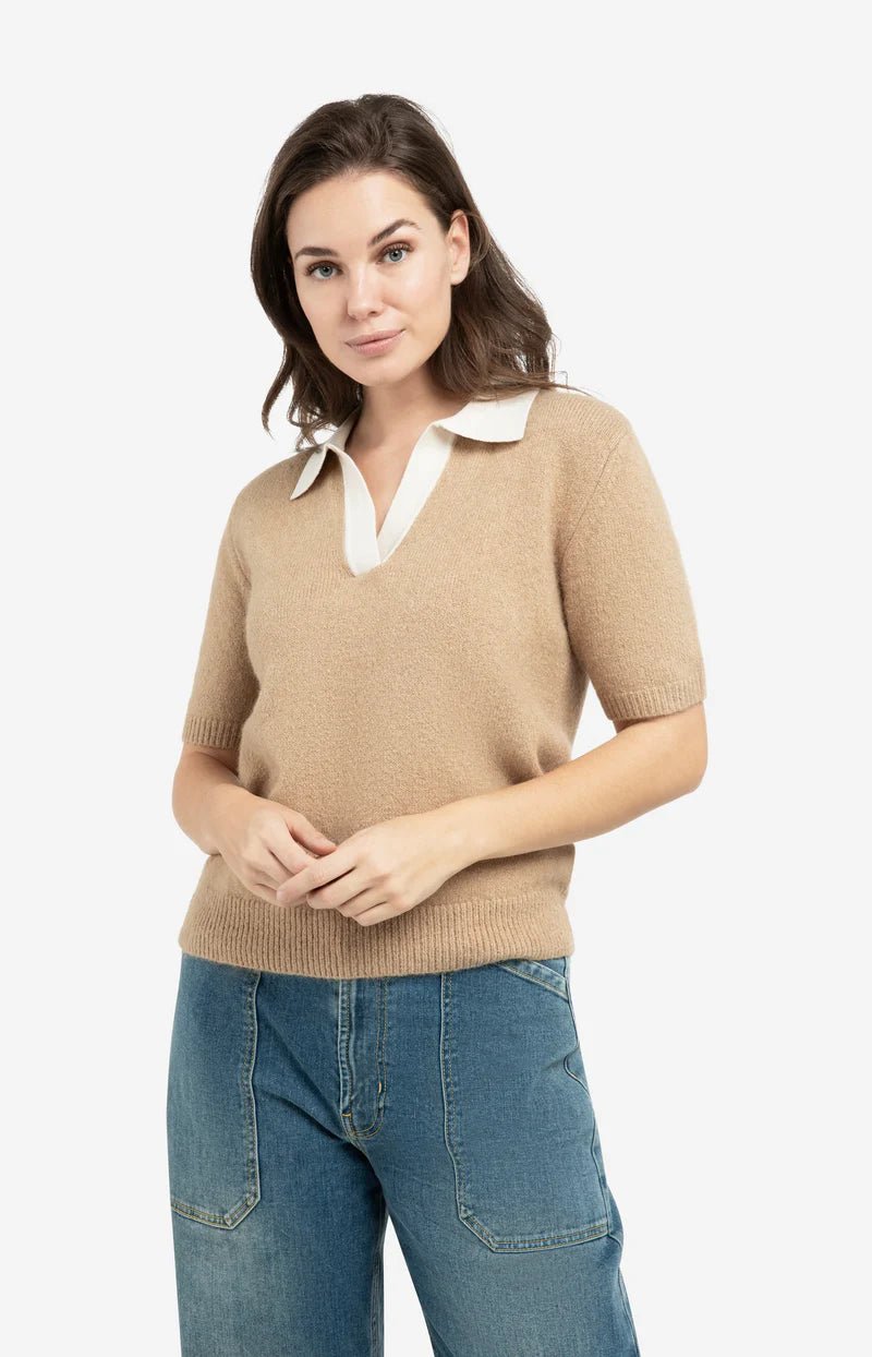 picture of Yaya Knitted Short Sleeve Sweater Contrast Collar -Khaki Green - Number Two - womens - fashion - clothing - Yaya 1