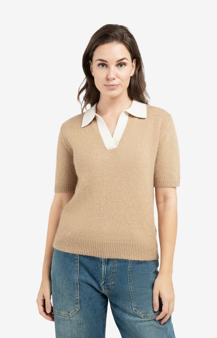 picture of Yaya Knitted Short Sleeve Sweater Contrast Collar -Khaki Green - Number Two - womens - fashion - clothing - Yaya 7