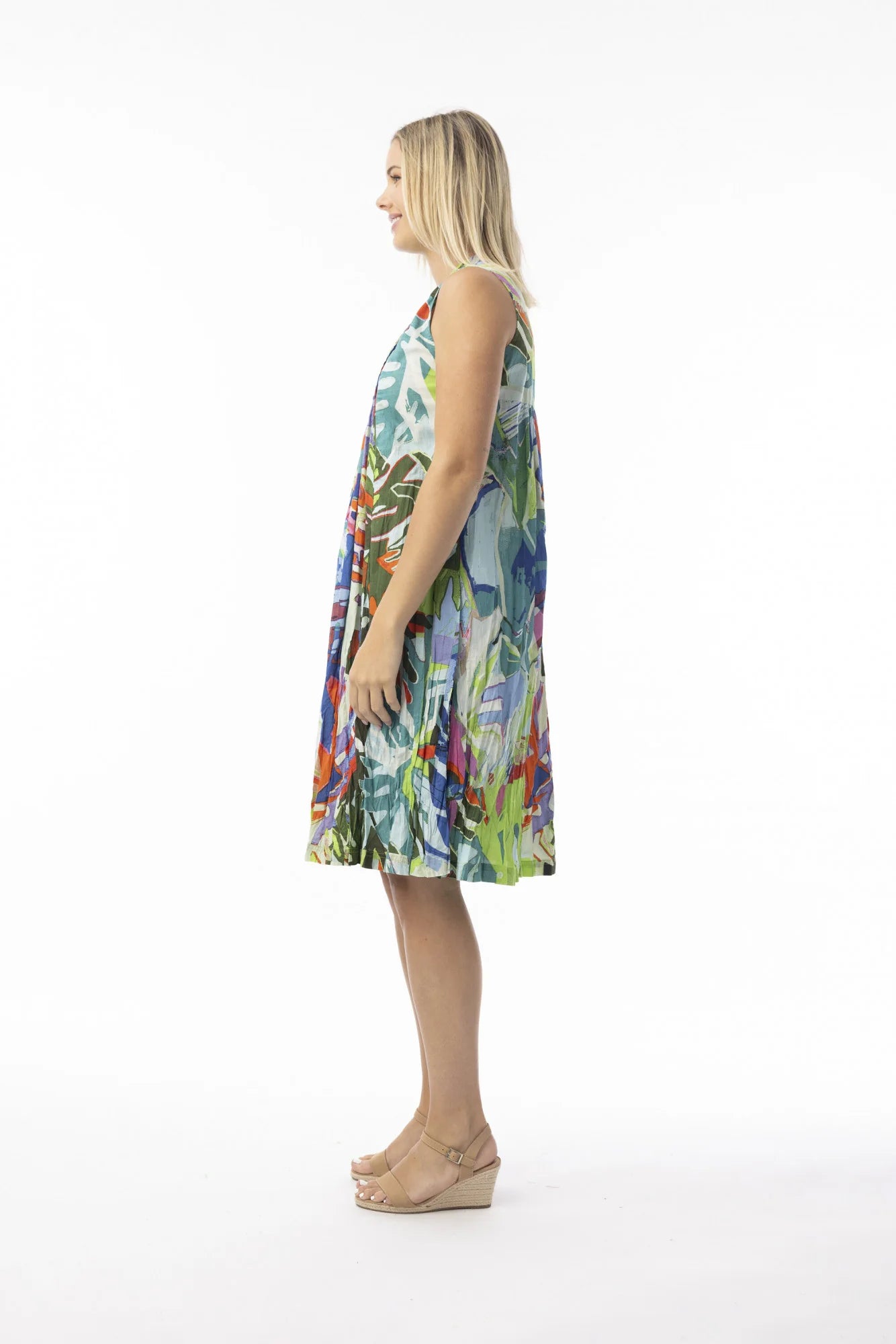 picture of Orientique Printed Cotton V Pleated Dress - Leaves Blue - Number Two - womens - fashion - clothing - Orientique 2