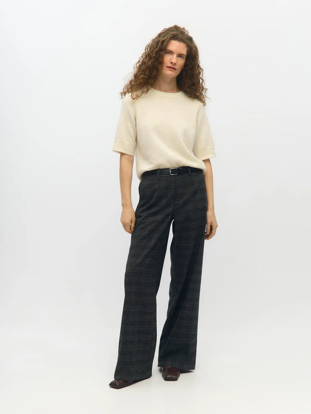 Object Lisa Wide Trouser - Check Dark Grey Melange/Blue Brown