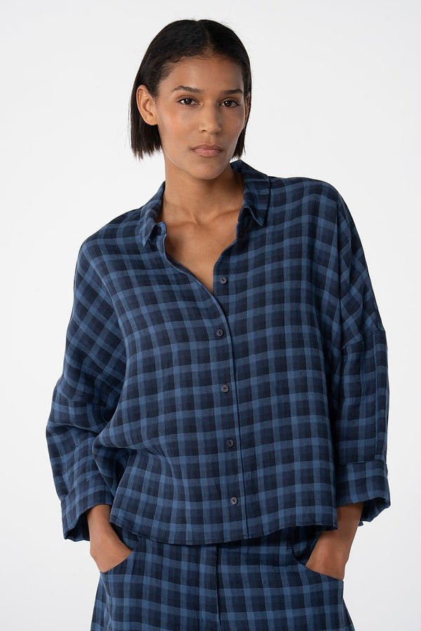 picture of Oska 617 Checked Linen Blouse - Navy - Number Two - womens - fashion - clothing - Oska 1