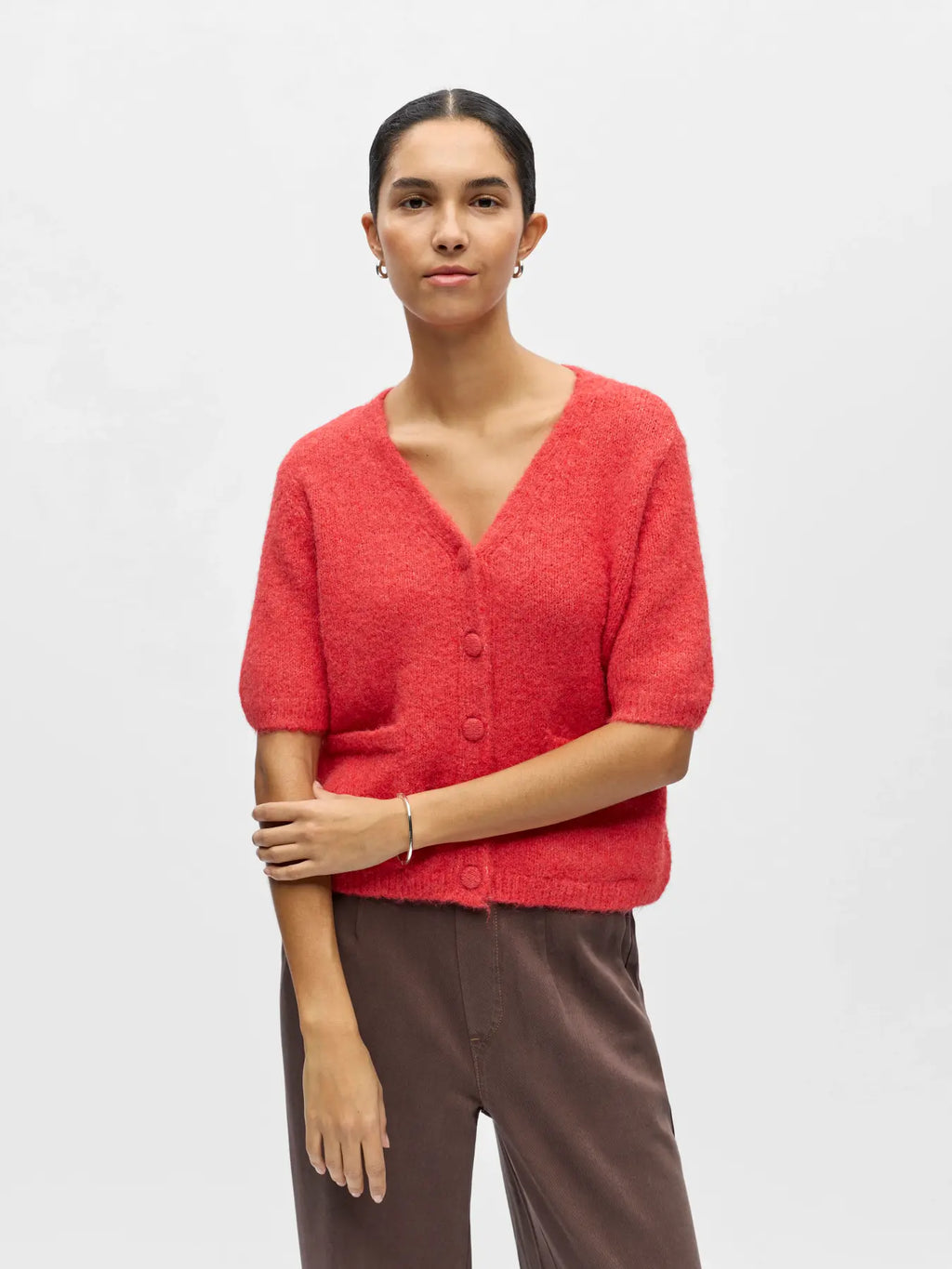 picture of Object Saggia V Neck Knit Cardigan - Poinsettia Melange - Number Two - womens - fashion - clothing - Object 1