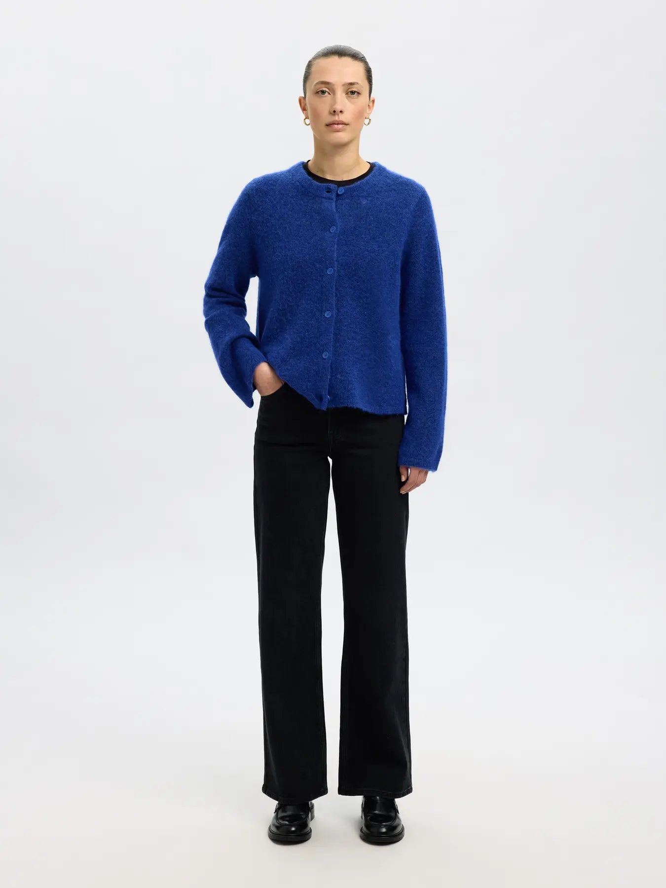 picture of Selected Femme Lulu Long Sleeved Wool Blend Cardigan - Dazzling Blue - Number Two - womens - fashion - ethical -