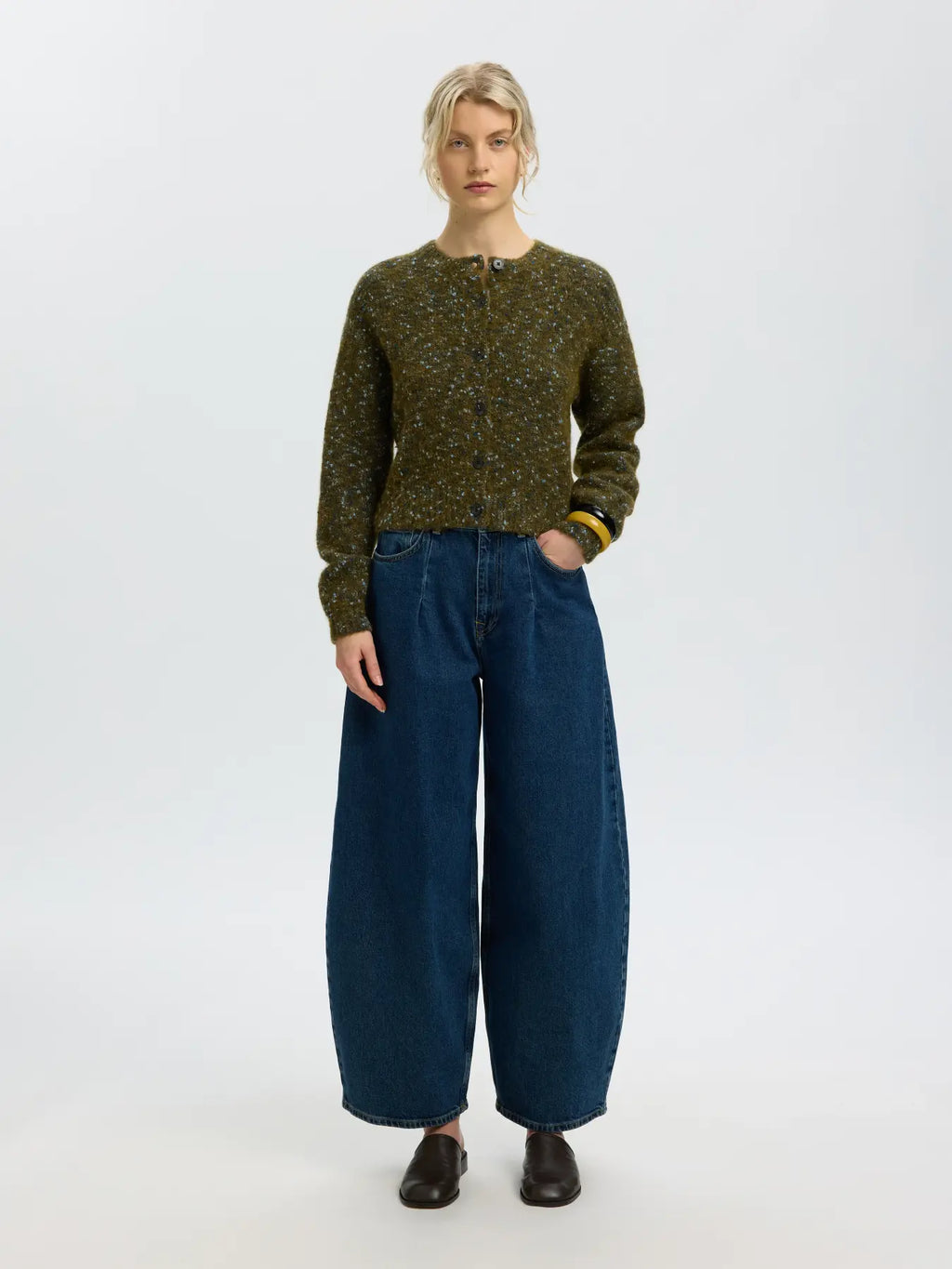 Selected Kat Short Cardigan - Fir Green/Navy/Light Sky