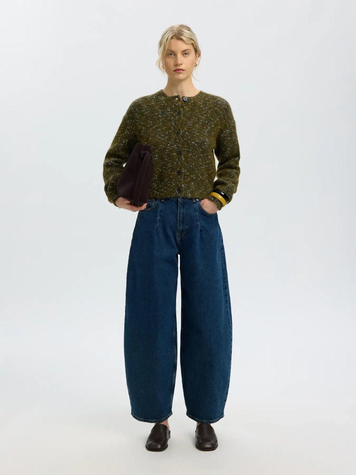 Selected Kat Short Cardigan - Fir Green/Navy/Light Sky