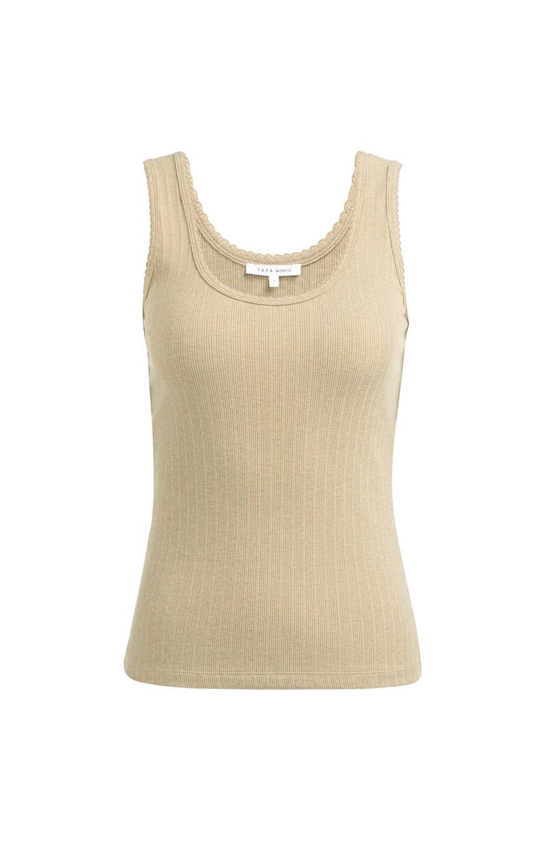 picture of Yaya Ribbed Singlet Scalloped Edge - Khaki Green Melange - Number Two - womens - fashion - clothing - Yaya 6