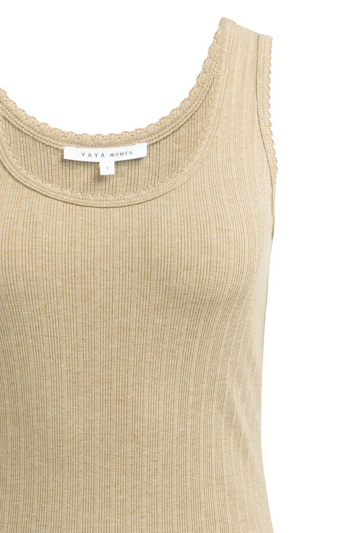 picture of Yaya Ribbed Singlet Scalloped Edge - Khaki Green Melange - Number Two - womens - fashion - clothing - Yaya 5