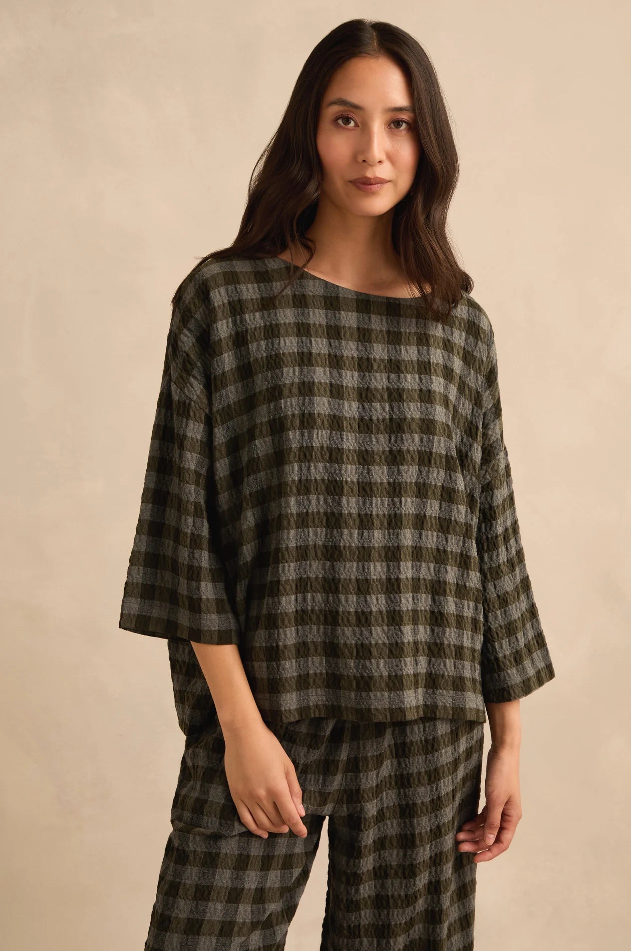 picture of Sahara Crinkle Check Boxy Top - Khaki/Grey - Number Two - womens - fashion - clothing - Sahara 2