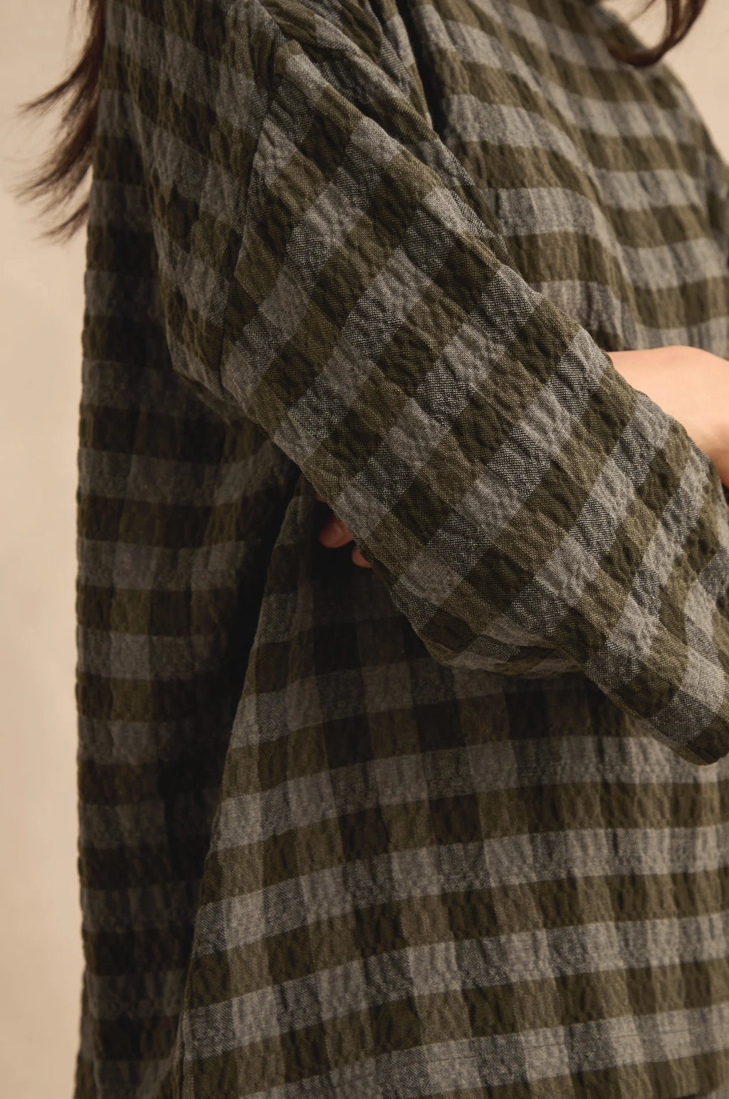 picture of Sahara Crinkle Check Boxy Top - Khaki/Grey - Number Two - womens - fashion - clothing - Sahara 1