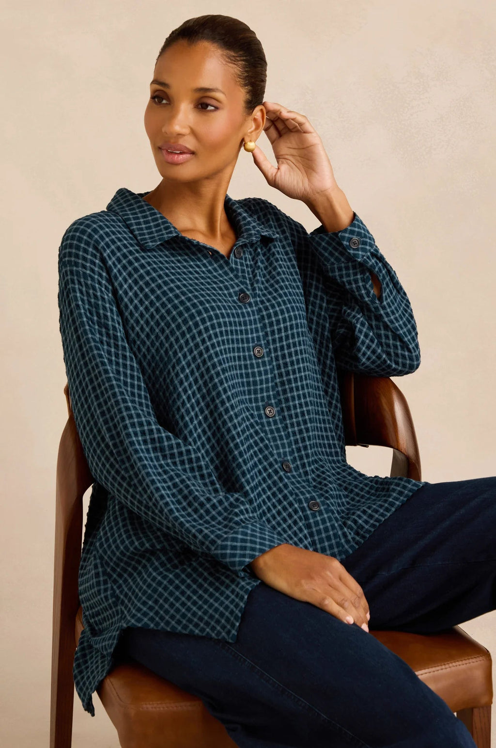 picture of Sahara Seersucker Squares Relaxed Shirt - Marine - Number Two - womens - fashion - clothing - Sahara 1