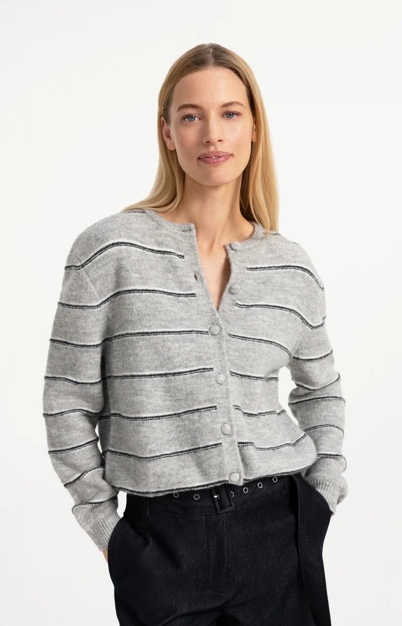 picture of Yaya Striped Knitted Cardigan with Tie Detail - Medium Grey Melange - Number Two - womens - fashion - clothing - Yaya 5
