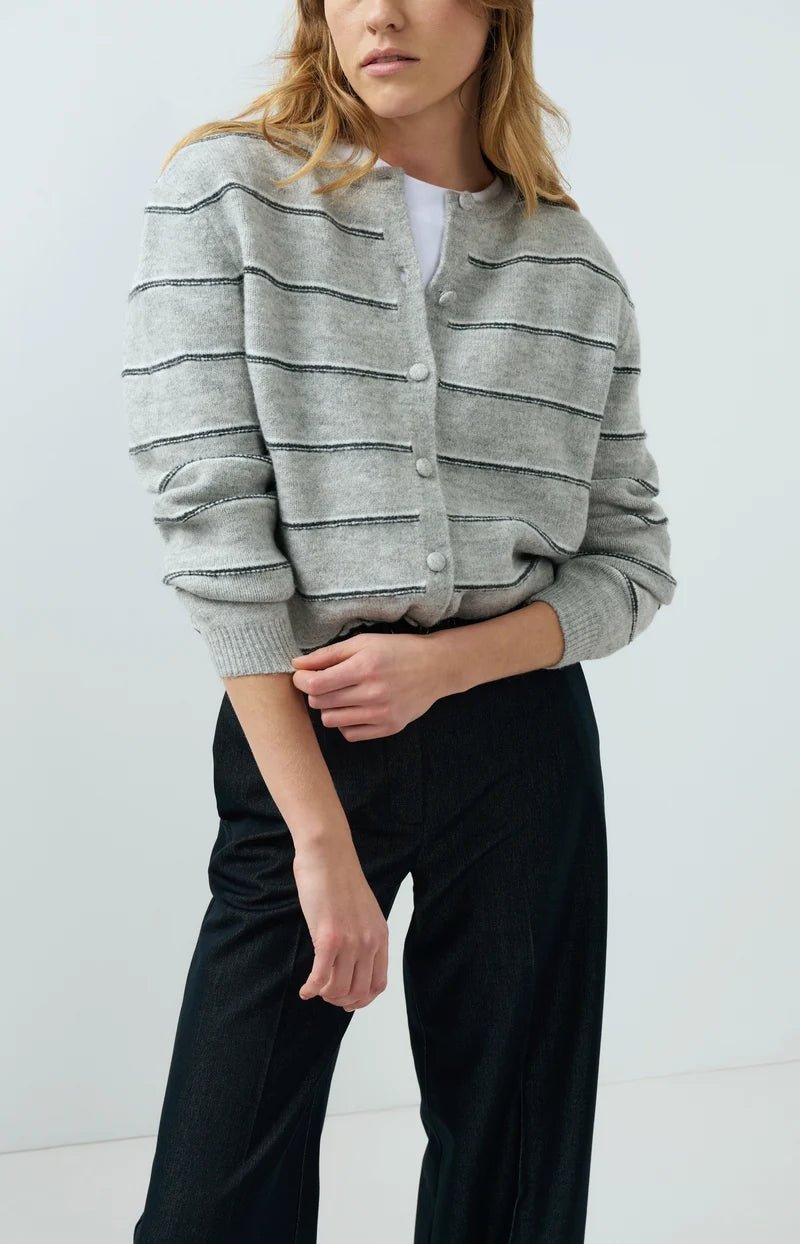 picture of Yaya Striped Knitted Cardigan with Tie Detail - Medium Grey Melange - Number Two - womens - fashion - clothing - Yaya 2