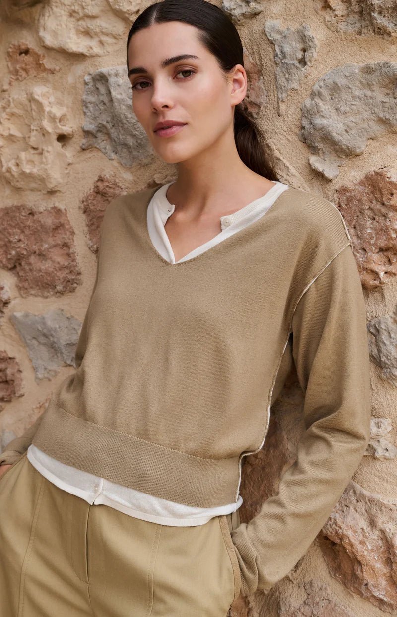 picture of Yaya Layered Sweater Contrast Neckline - Khaki Green Dessin - Number Two - womens - fashion - clothing - Yaya 1